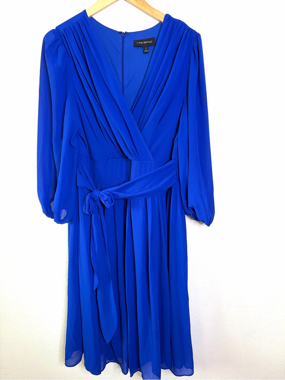 Lane Bryant Cobalt Blue Faux-Wrap Midi Dress with Tie Waist chiffon Sz 14